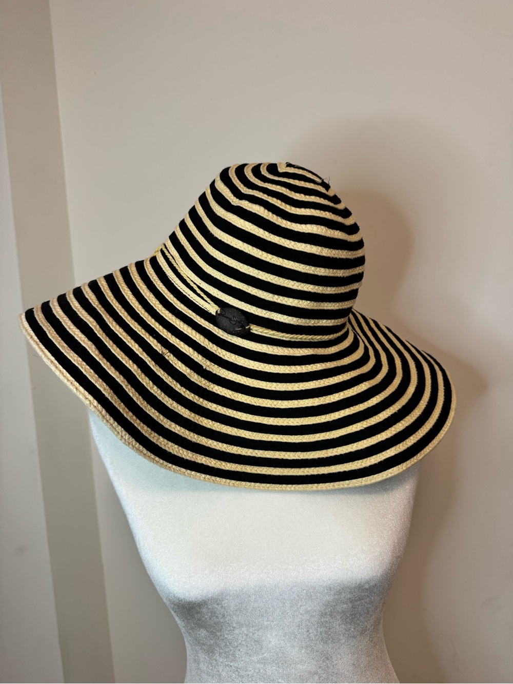 Panama Jack Black and Cream Striped Women's Sun Hat with Tropical Bead